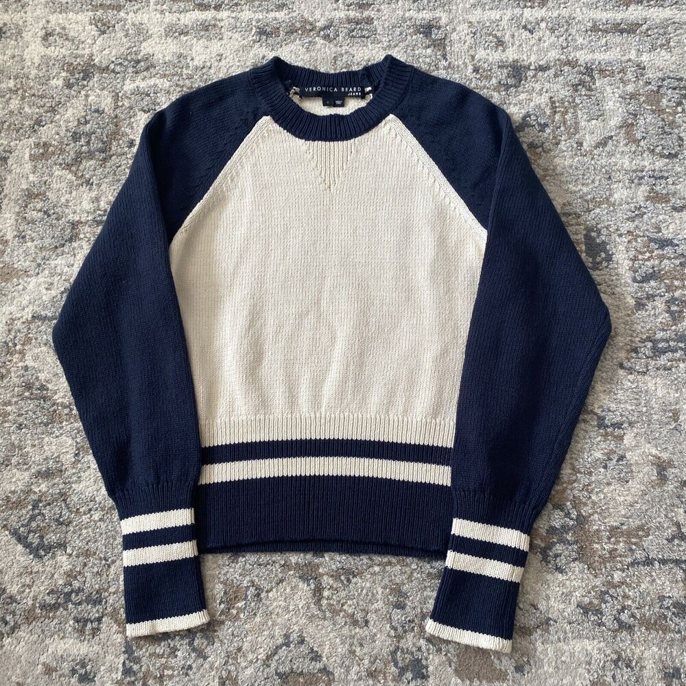 Veronica Beard Ivory Blue Ralie Striped Cotton Two Toned Sweater Size Small